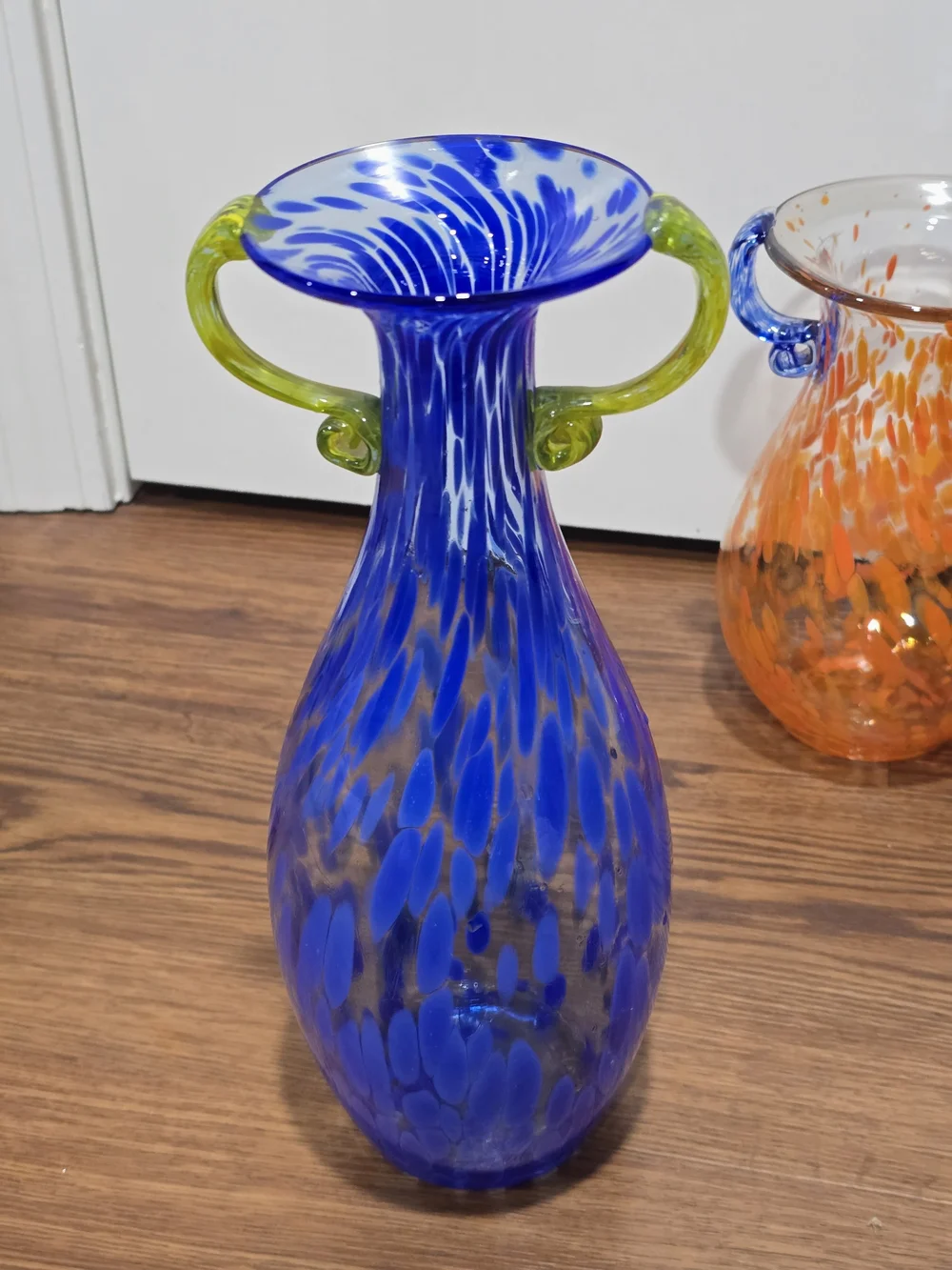 VTG Hand Blown Art Glass Spatter Amphora Vase Trio Set